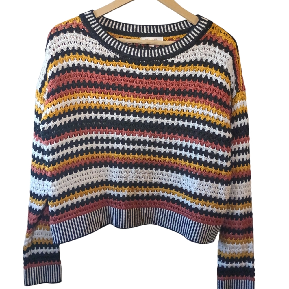 Skies Are Blue Crop Knit Crochet Striped Long Sleeve Sweater XS Style Cozy Fall